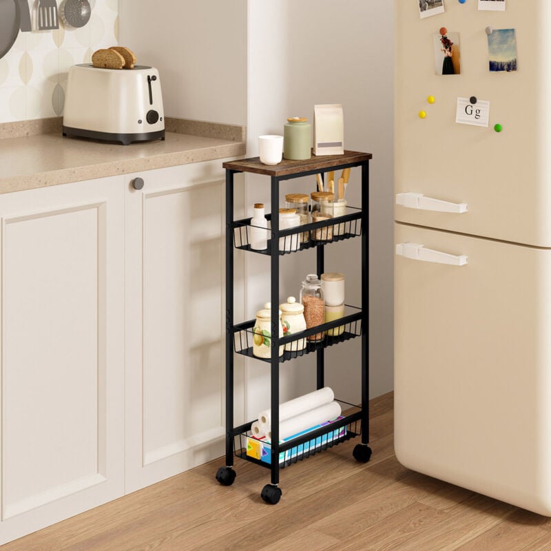 Servierwagen, Rollwagen mit Arbeitsplatte, 3 Metallkörben, Küchenwagen Nischenregal mit Bremsen, Rollregal auf Rollen, für Küche Wohnzimmer, 40x87x20