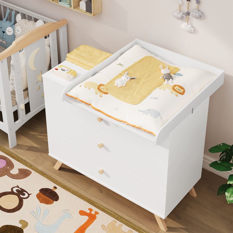 Wickeltischaufsatz, Wickelaufsatz für Wickelkommode (Tiefe: 47,5-50 cm), mit Metallschnallen, Anti-Kipp-Gurt zur Wandbefestigung, 70x10x80cm, Weiß