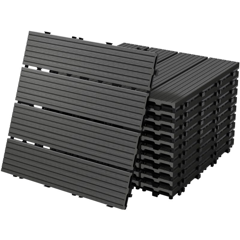 Wpc Terrassenfliesen 30x30 cm/11 Fliesen=1m², Anthrazit, geriffelt, Holzoptik, Bodenbelag mit Klicksystem & Drainage, Terrassendielen Balkonfliesen,