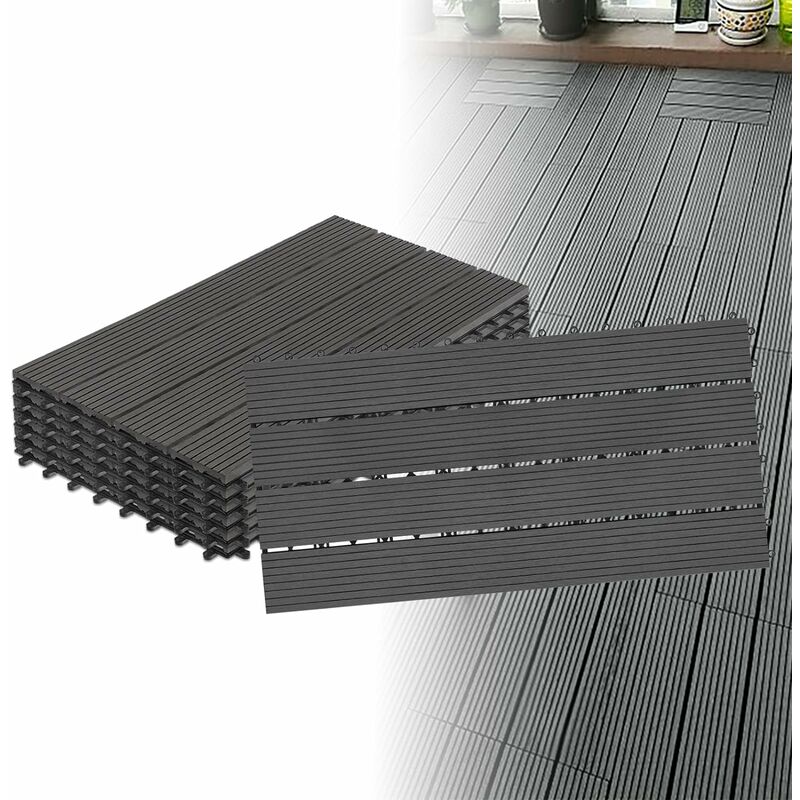 WPC Terrassenfliesen Holzoptik Terrassendielen Fliese mit Klicksystem, Kunststoff Fliesen für Garten Balkon Bodenbelag mit Drainage, 30x60cm/6 Stück,