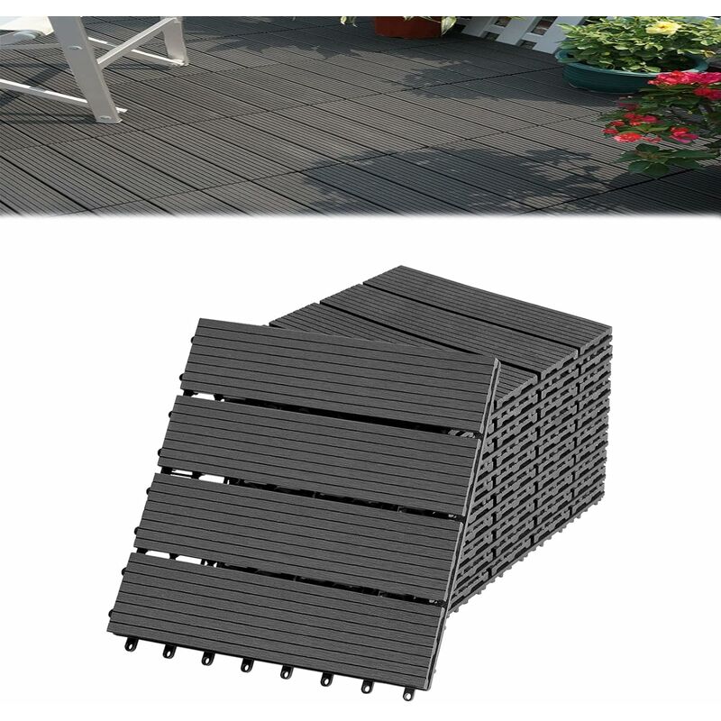 Wpc Terrassenfliesen Holzoptik Terrassendielen Fliese mit Klicksystem, Kunststoff Fliesen für Garten Balkon Bodenbelag mit Drainage, 30x30cm/11