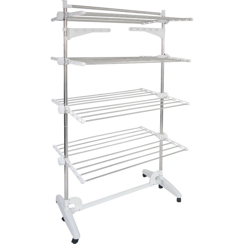 Wäsche-Trockengestell, Wäscheständer Material: Edelstahlrohre Maximale Belastbarkeit: 3 kg pro Stützstange 4 Ablagen, Weiß, mit Flügeln und oberer