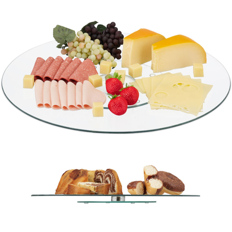 Relaxdays - 2 x Servierplatte xl, 360° drehbar, Käse, Snacks, Kuchen, rund, ∅ 45 cm, Glas Tortenplatte, transparent/silber