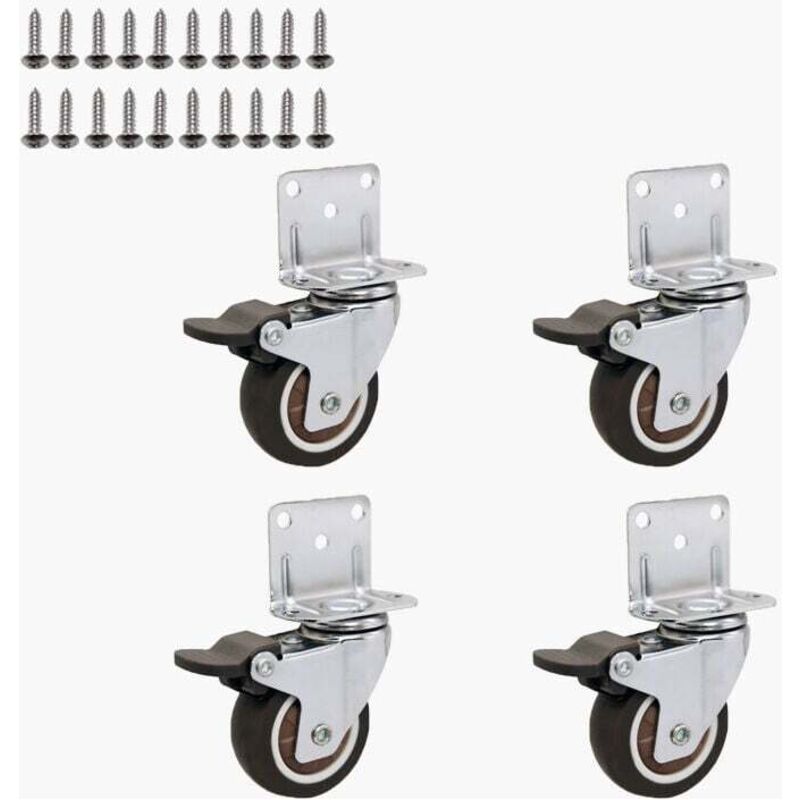 50 mm Möbelrollen mit 4 Bremsen, L-förmige Montageplatte, Schwerlastrolle bis 270 kg, Gummi für alle Böden, Möbel, Regale, Spielzeugkisten, 4er-Set