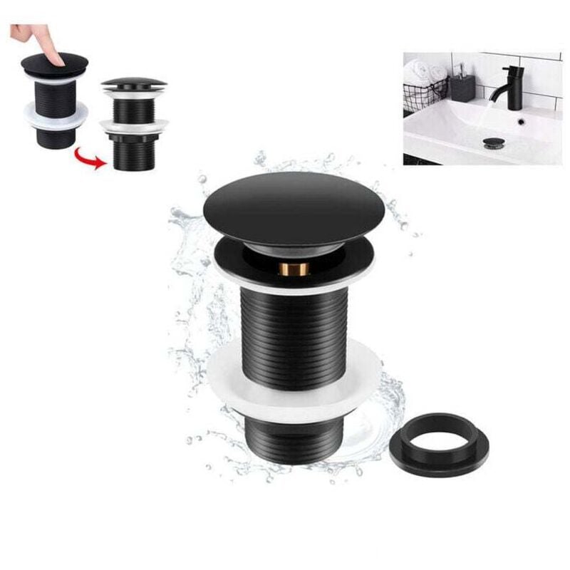 XVX Bonde de Lavabo Noir Sans Trop Plein, Bonde de Lavabo Pop Up Noir Universelle, Bonde de Vidage Sans Trop Plein, Bonde de Vidange Sans Trop Plein,