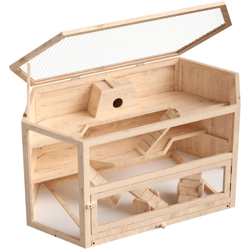 Wiltec - xxl 3 Etagen Nagerkäfig, 6-eckig, 1150 x 600 x 580 mm, aus Holz, mit klappbarem Deckel & Sichtfenster, Kleintierhaus Mäusekäfig Hamsterkäfig