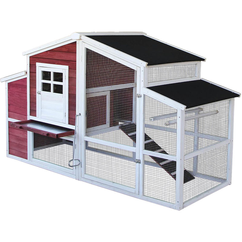 Wiltec XXL Hühnerstall 2010 x 813 x 1165 mm rot-weiß mit Freilauf und Nistkasten aus Fichtenholz, Hühnerhaus mit Unterschlupf, Gitter und Kotwanne