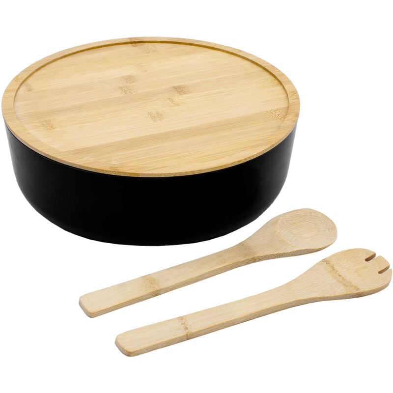 Spetebo - xxl Salatschüssel inklusive Bambus Besteck 30 cm - schwarz - Kunststoff Schale groß mit Holz Deckel - Rührschüssel Servierschüssel