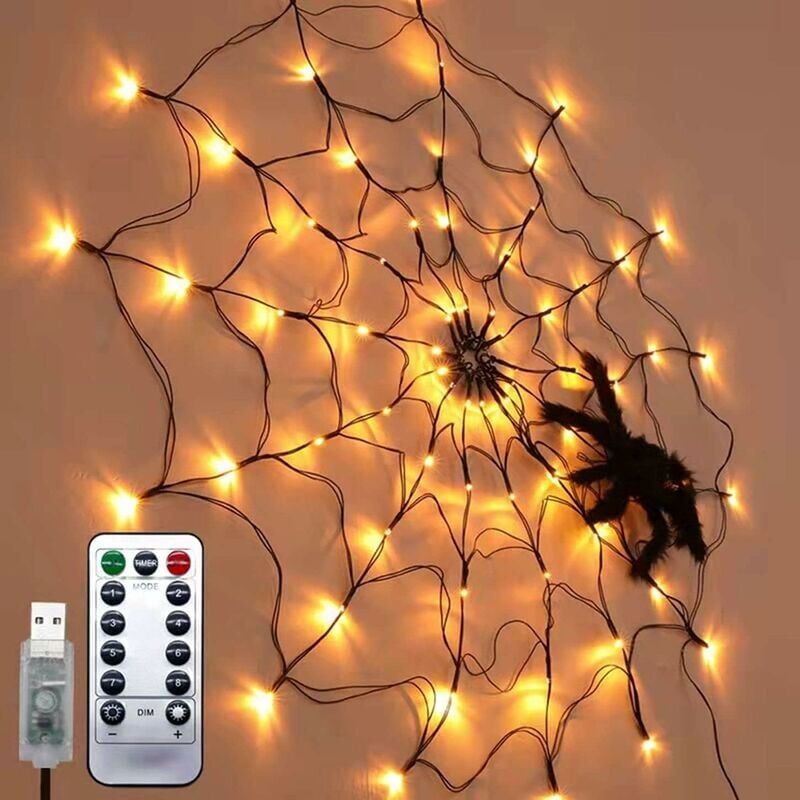 Halloween-Dekoration, USB-LED-Spinnennetz, 1 m, 70 LEDs, 8 Modi, wasserdicht, mit 1 schwarzen Spinne für Party, Garten, Halloween – Innen- und