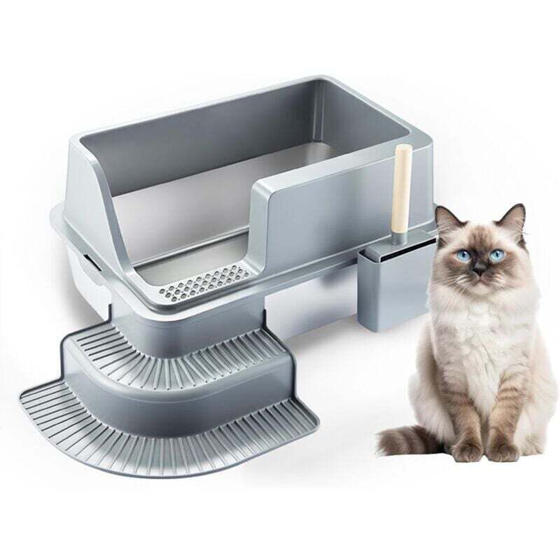 YMYNY Katzentoilette, Katzenklo aus Edelstahl, groß für Katzen und Kaninchen, Katzentoilette, hohe Wand, seitlicher Verschluss, antihaftbeschichtet,