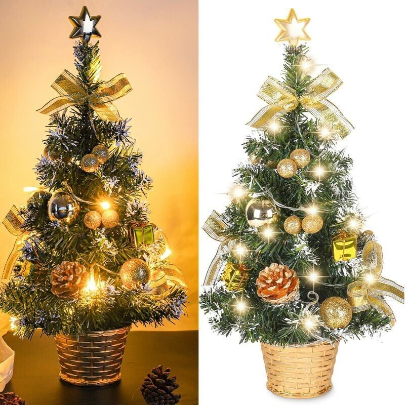 YMYNY Mini-Weihnachtsbaum, künstlicher Weihnachtsbaum, kleiner Weihnachtsbaum mit LED-Lichtern, Mini-Tischbaumdekoration für Büro, Bar, 40 cm (Gold)
