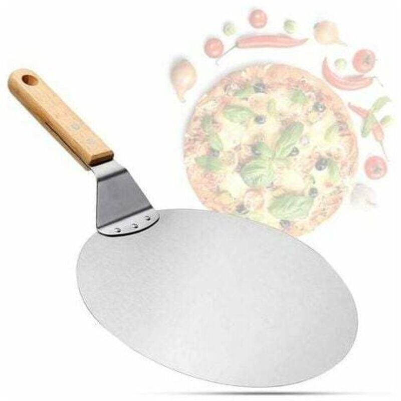 YMYNY Pizzaschieber aus Edelstahl – Pizza- und Tortenschieber mit Holzgriff – Runder Pizzaschieber für Pizza, Flammkuchen und Brot (Braun/Silber –