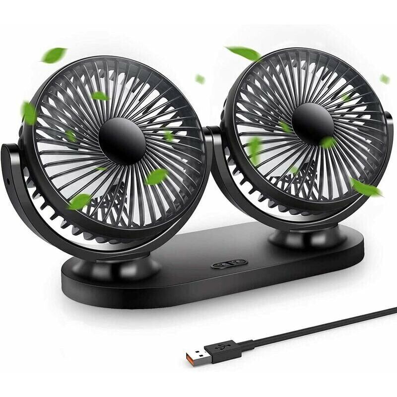 USB-Ventilator, Mini-Ventilator, Doppelkopf, 360° drehbar, 3 Geschwindigkeiten, tragbarer Ventilator für Auto/Tisch/Camping/Angeln usw. - Ymyny