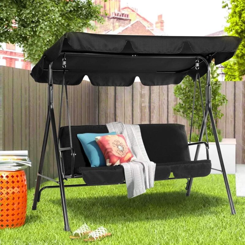 3-Sitzer Hollywoodschaukel mit verstellbarem Vordach, Gartenschaukel mit abnehmbarem Kissen und verstellbarem Schatten (Schwarz) - Yodolla