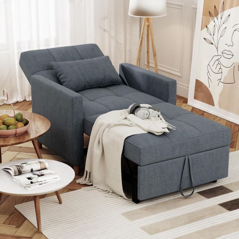 YODOLLA Einzel-Sofa, Bett, Stuhl, 3-in-1-Sessel, wandelbar, verstellbare Stühle, Bett für kleine Räume mit Seitentasche, Dunkelgrau