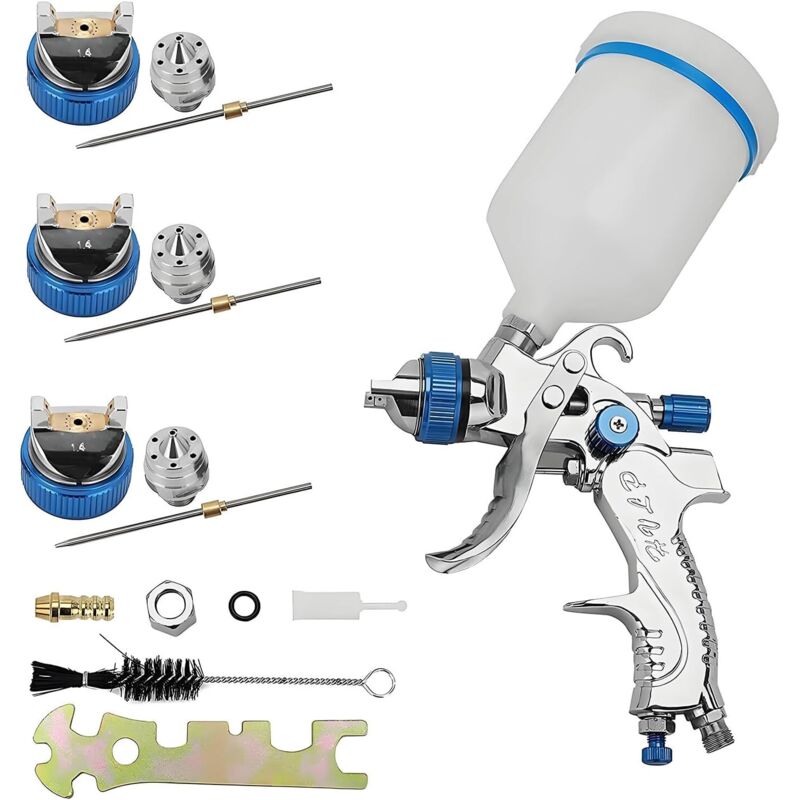 YORKING HVLP Lackierpistole Spritzpistole Kit Sprühpistole 3 Düsen 1,4 mm 1,7 mm 2,0 mm mit 600 ml Plastikbecher Farbsprühsystem für Zäune Decken