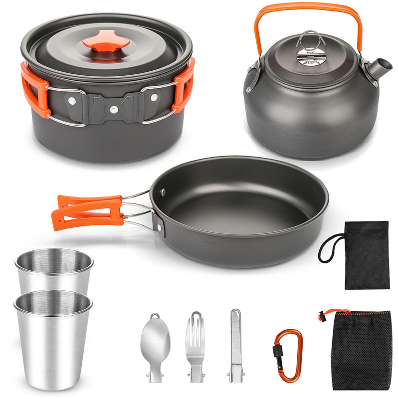 Youyijia 8 Teilig Aluminium Camping Kochset Campinggeschirr Topf Set Outdoor Camping Kochen Braten Geschirr Kochtopf Set Kochgeschirr Topfset 2-3