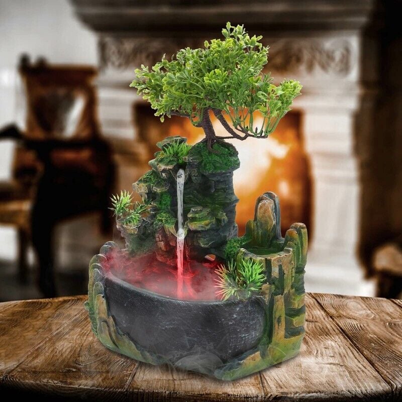 Youyijia Zimmerbrunnen LED Tischbrunnen 20x15x28 cm Zimmerspringbrunnen aus Kunstharz, Wasserspiel mit Farbwechsel, Dekoration für Schlafzimmer,