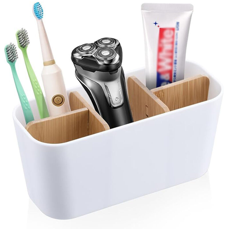 Sinbinta - Zahnbürsten-Halter, Bambus, 5 Fächer, Multifunktional, Elektrische Zahnbürste Halterung, Abnehmbar, Badezimmer Organizer - Weiß