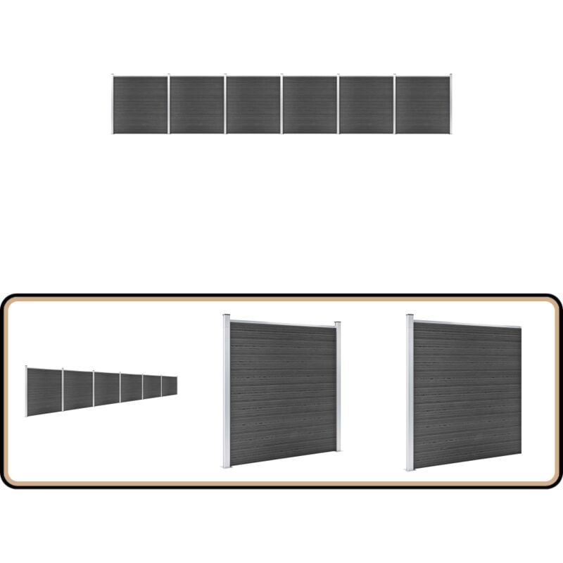 Zaunelement Set wpc 1045x186 cm Schwarz - Gartenzaun - wpc Zaun - Holzzäun - Privacy Screen - Zaunsystem