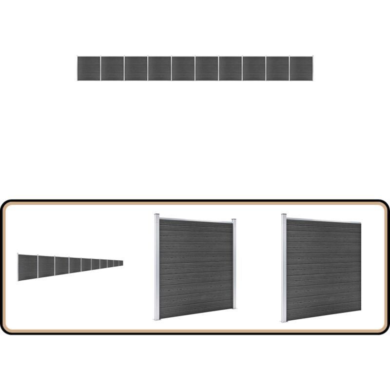 Zaunelement Set wpc 1737x186 cm Schwarz - Gartenzäunen - Holzzäune - Kunststoffzäune - WPC-Zäune - Zaunsystem