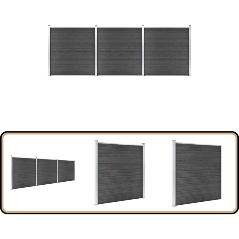 Zaunelement Set wpc 526x186 cm Schwarz - Gartenzäunen - WPC-Zäune - Holzzäune - Kunststoffzäune - Schwarz