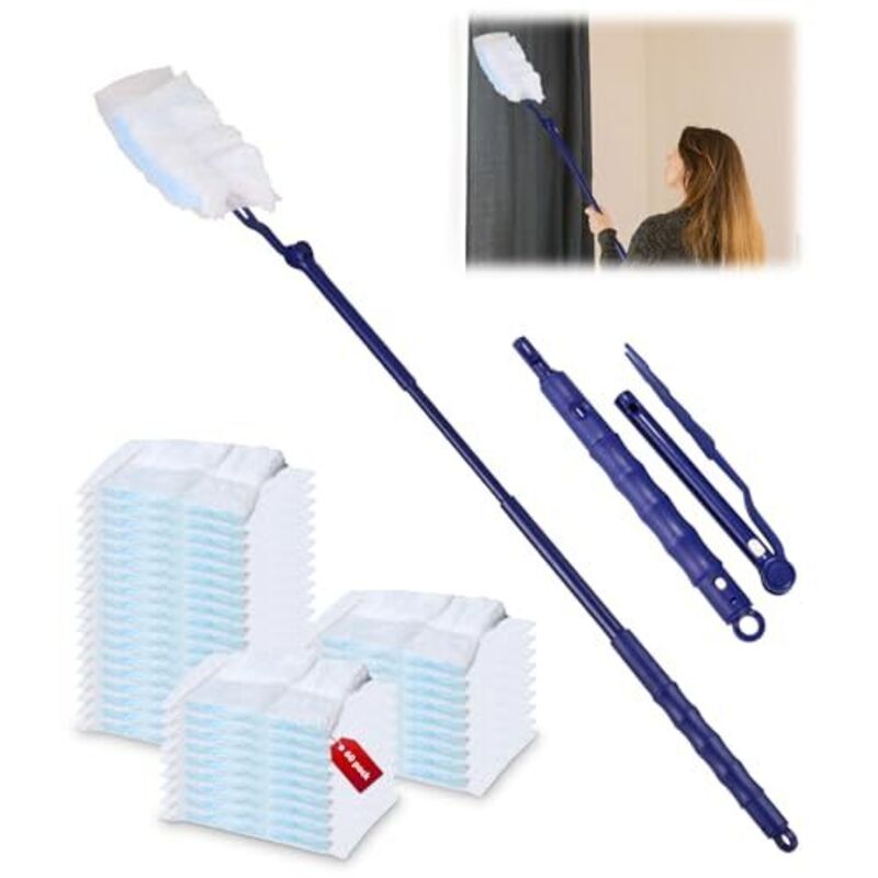 Zavixa 60 Stück Staubwedel-Nachfüllpackungen, Mikrofaser-Staubwedel, 1 Teleskopstiel für Tierhaare, perfekt zum Reinigen von Jalousien,