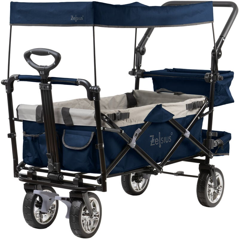 Bollerwagen faltbar mit Dach, Blau / Grau, Transportwagen mit Gurtsystem, Klappbollerwagen - Zelsius