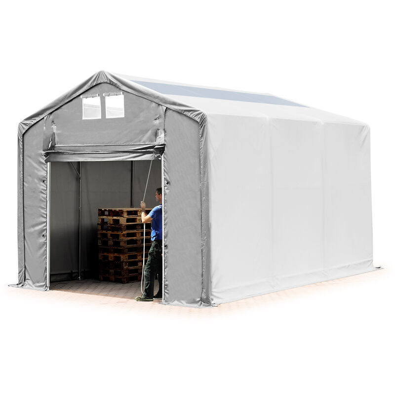 Zelthalle 4x6m Lagerzelt Industriezelt 3m Seitenhöhe pvc Plane 850 n mit Oberlicht grau 100% wasserdicht mit Hochziehtor