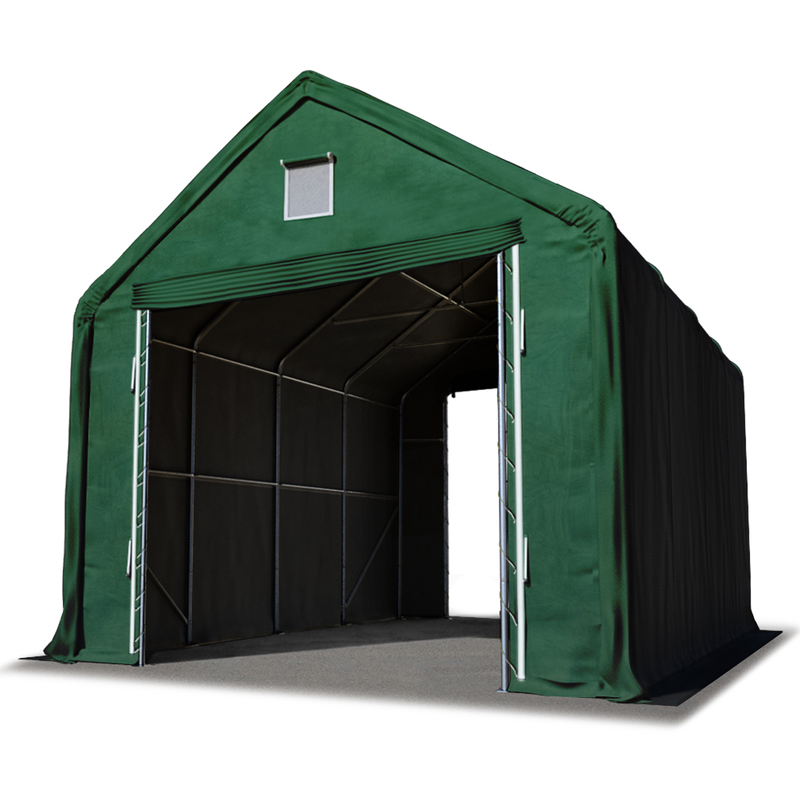 Lagerhalle Lagerzelt 4 x 8 m / Seitenhöhe 3m in dunkelgrün Industriezelt mit feuersicherer PRIMEtex pvc Plane 2300 n