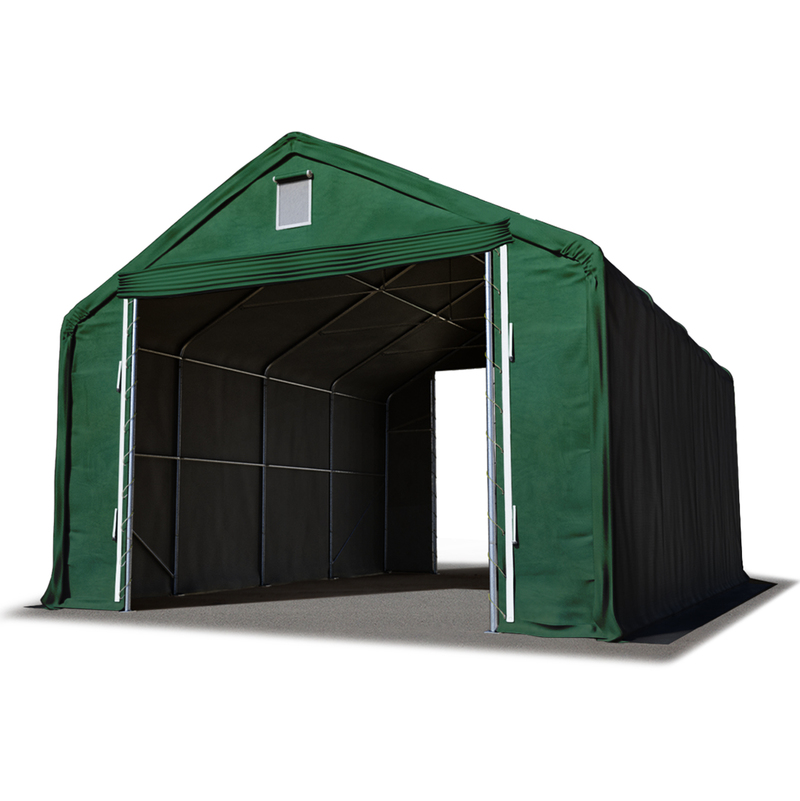 Lagerhalle Lagerzelt 6 x 12 m / Seitenhöhe 3m in dunkelgrün Industriezelt mit feuersicherer PRIMEtex pvc Plane 2300 n