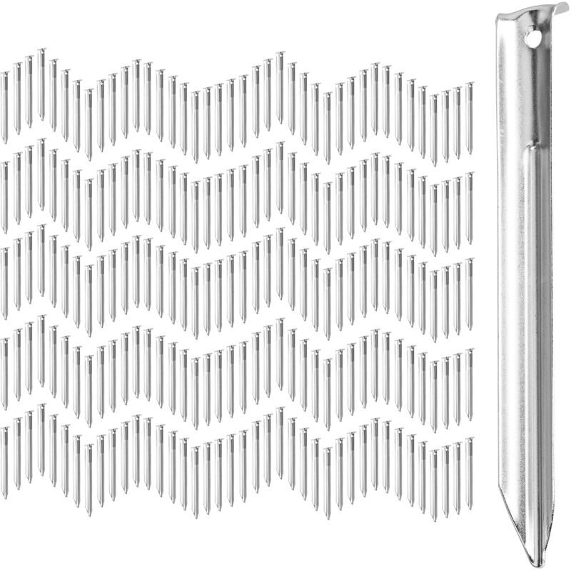 200er Pack Zeltheringe, V-förmig, stabil, Bodenanker mit Öse, Widerhaken, 18 cm Hering für Zeltbefestigung, Stahl, silber