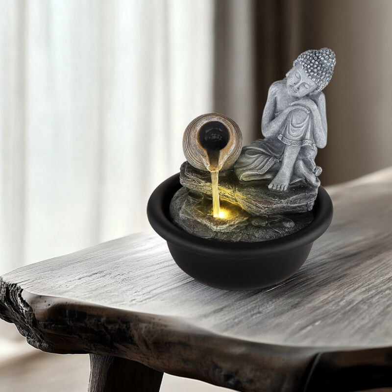 Etc-shop - Zimmerbrunnen Buddha Wasserfall Springbrunnen Deko LED-Licht h 19 cm Grau