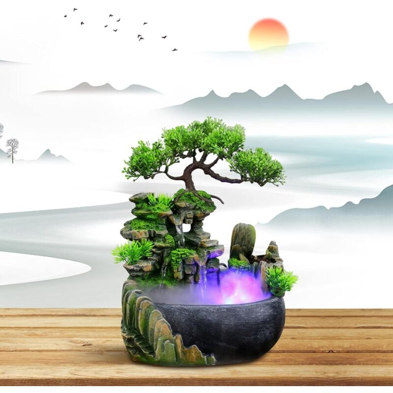 Zimmerbrunnen - Grünpflanze - Gartenbrunnen - LED-Beleuchtung - Brunnen für den Außenbereich - Dekoration (Nebel)