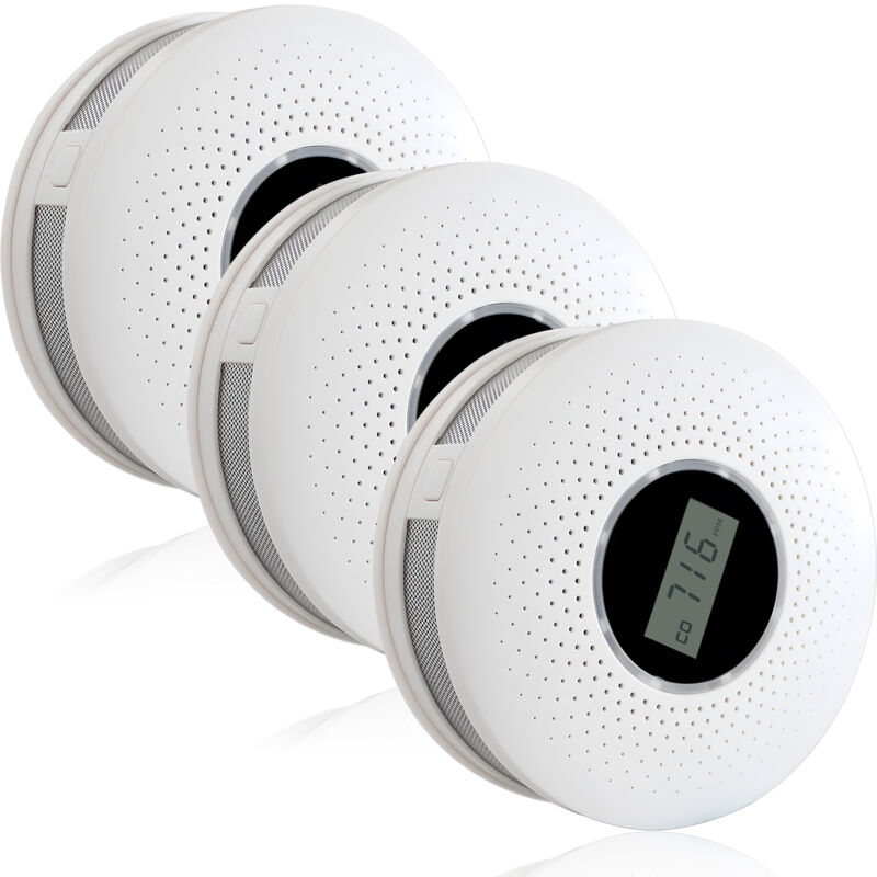 3er-Pack Rauch- und Kohlenmonoxidmelder – Photovoltaik- und elektrochemische Sensoren, LCD-Display (0–999 ppm), akustischer und optischer Alarm,