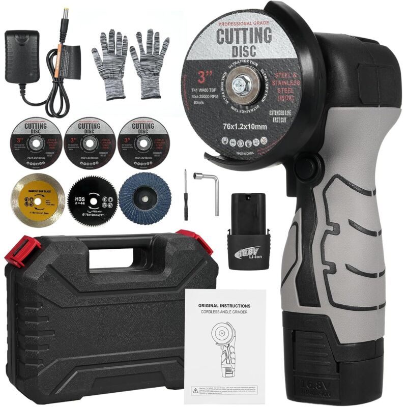 Zoternen - Mini-Akku-Schleifgerät, 76 mm Mini-Akku-Winkelschleifer, Akku-Winkelschleifer mit Ladegerät und 2 Akkus, 7000 U/min, 6 Trennscheiben zum