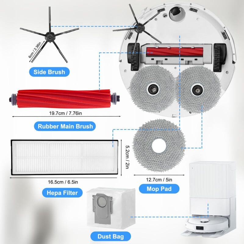 Zubehörset für Roborock q Revo, P10 Roboterstaubsauger Ersatzteile, 1 Walzenbürste, 2 Filter, 2 Staubbeutel, 4 Tücher, 4 Seitenbürsten, 1