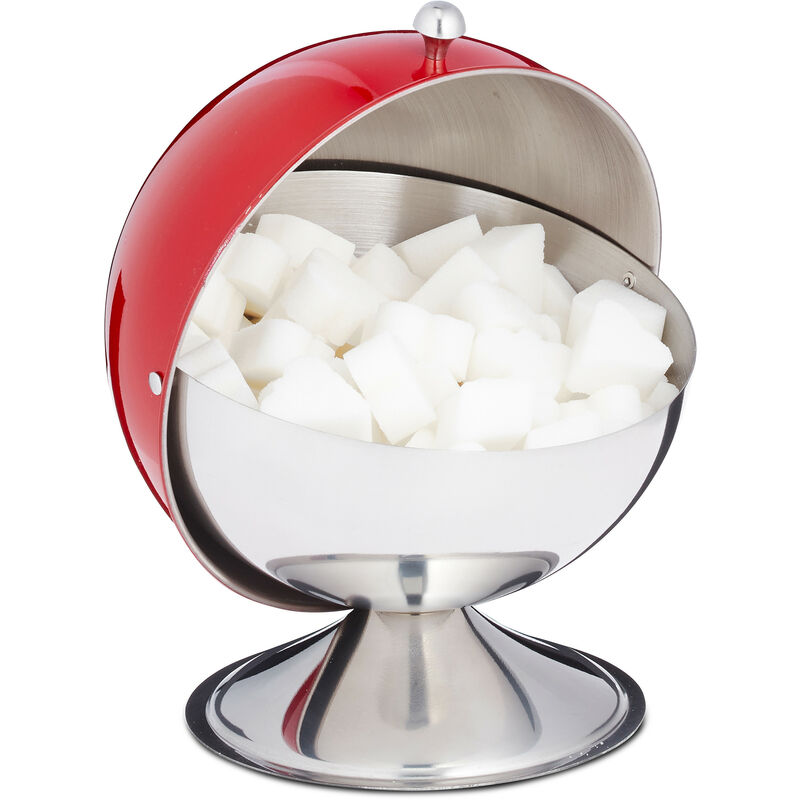 Relaxdays Zuckerdose, mit Rolldeckel, glänzender Edelstahl, für Zucker & Süßigkeiten, Bonbondose, Zuckerkugel, rot