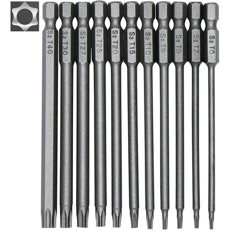ZVD 11-teiliges langes Torx-Bit-Set für Schraubendreher und Akkuschrauber – magnetische Bits – 1/4-Zoll-Sechskantschaft – Größen T6 bis T40 – 100 mm