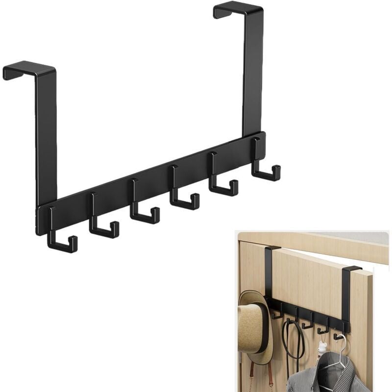 ZVD Robuster Türhänger mit 6 Haken für Kleidung, Taschen, Rucksäcke, Hüte, Schwarz