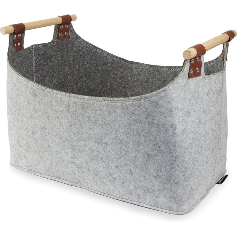 Zweifarbiger Holzsack aus recyceltem Filz, 5 mm dick, mit stabilen Tragegriffen aus Holz für Brennholz, Zeitungen, Spielzeug (hellgrau/grau)