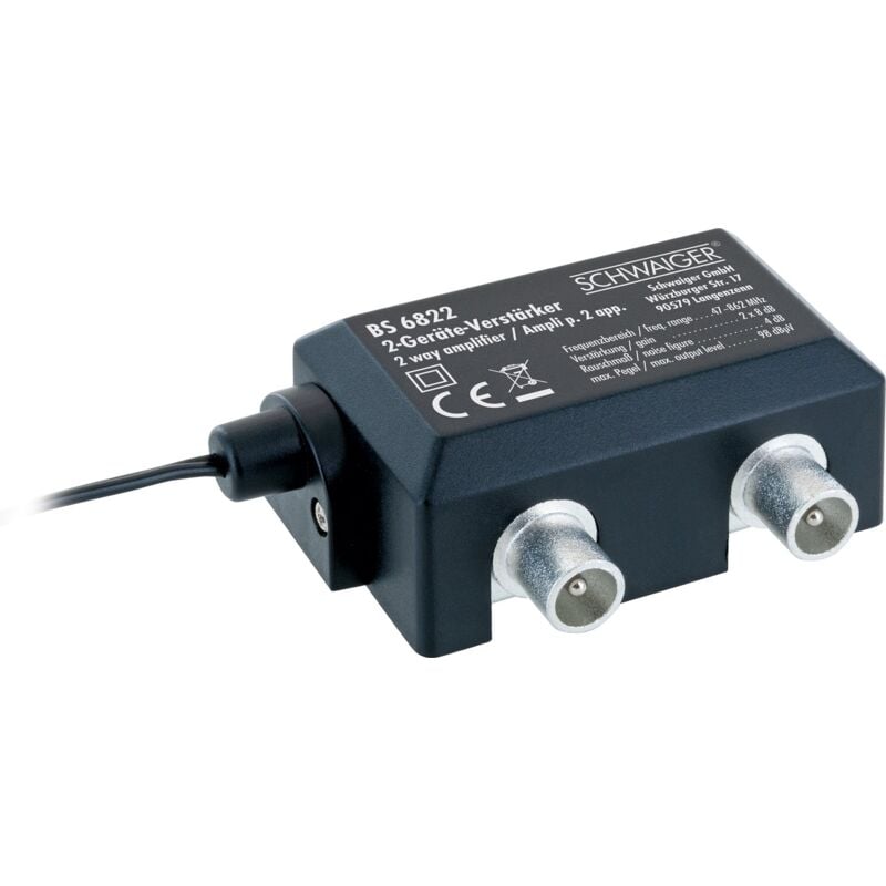 Schwaiger - Zwei-Geräte-Verstärker BS6822 531 1x iec Buchse auf 2x iec Stecker, Verstärkung bis 2x 8dB Verstärker