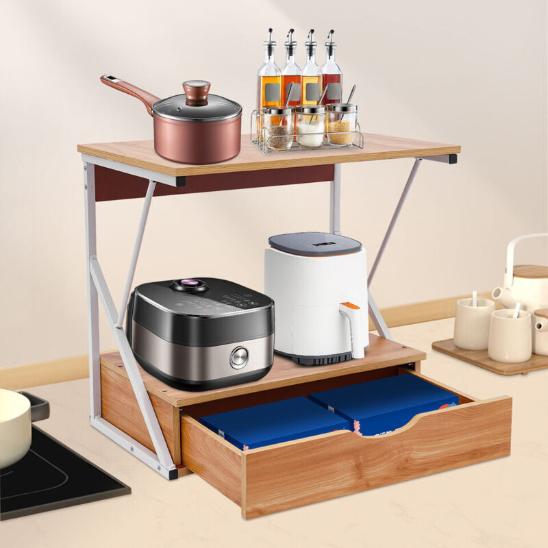 Zweistufiges Brotregal für die Küche, Halterung für die Mikrowelle, Ablage für die Küche, Halterung für die Mikrowelle mit Schubladen.