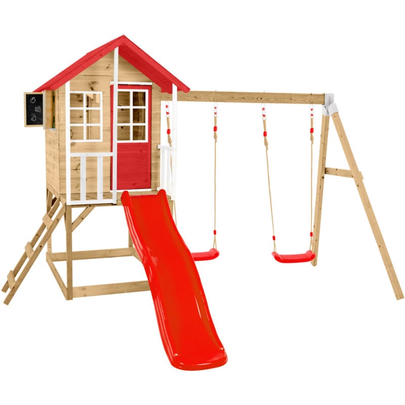 Zwerkules Holzspielhaus / Stelzenhaus 'Lolla 3', natur /rot, mit Rutsche und Doppelschaukel