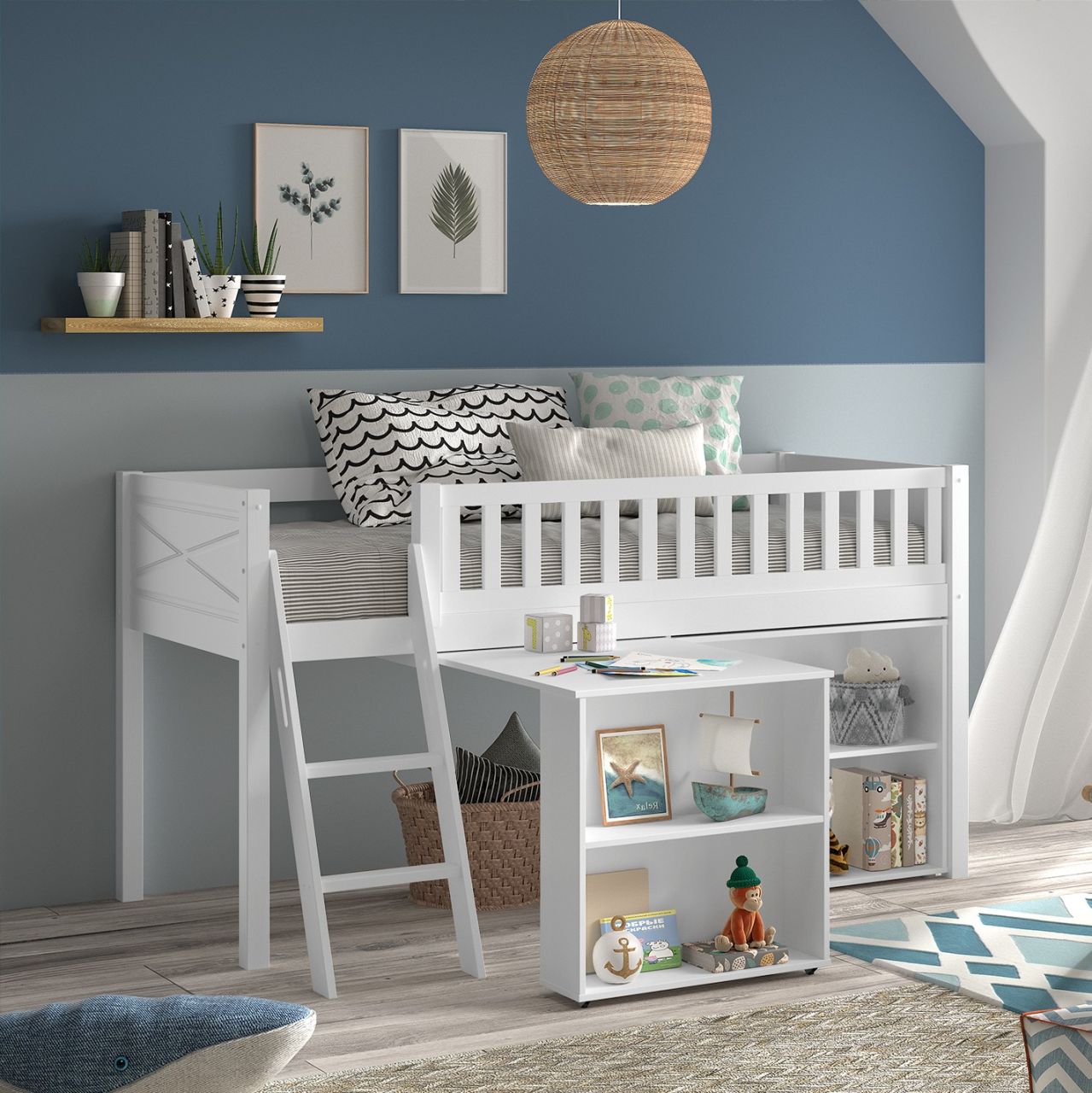 halbhohes Funktionsbett 90x200 Spielbett Jugendbett Schreibtisch Regal Massiv