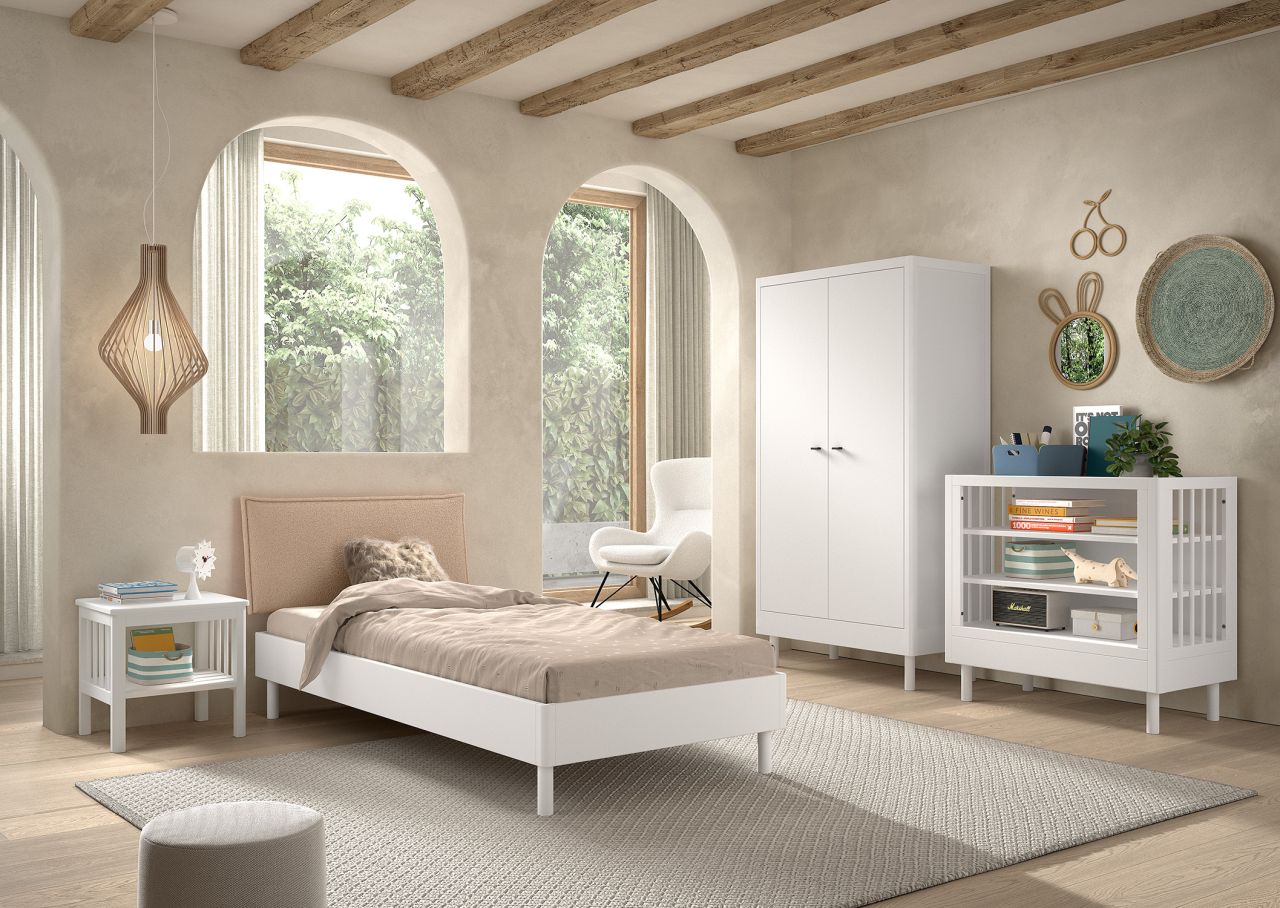 Set Futonbett Schrank 2T Nachtkonsole Beistellregal Lattenrost Buche massiv Weiß