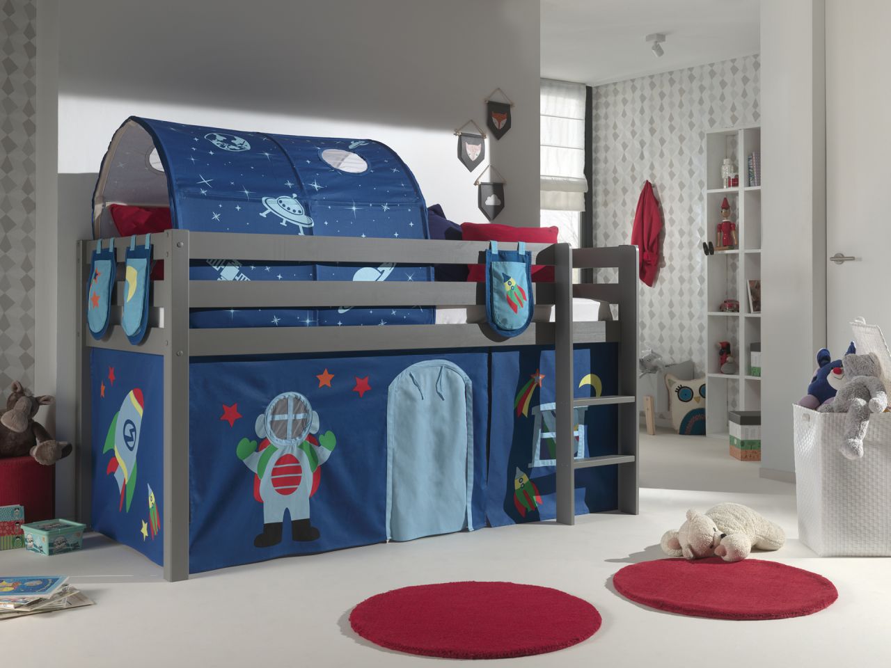 Vipack:Spielbett 'Pino' +Textilset+Taschen+Tunnel- Jugend/Kinderbett Hochbett