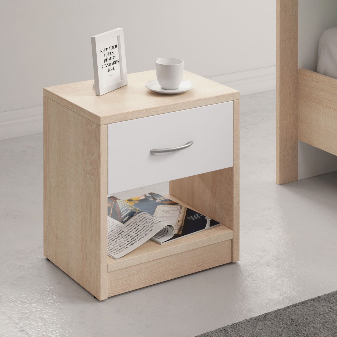 Nachtkonsole 1S Nachttisch Nachtkommode Beistelltisch Nako Sonoma Eiche Weiß