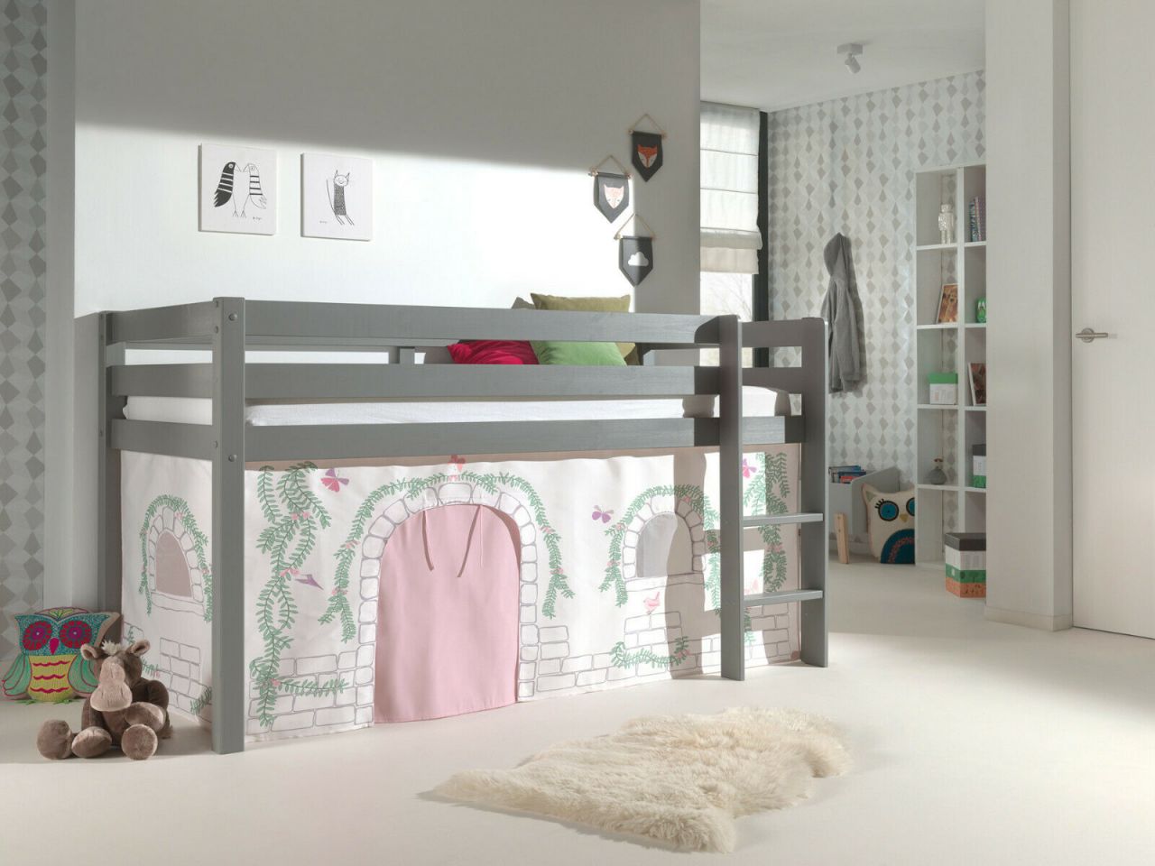 Vipack:Spielbett 'Pino' +Textilset - Jugend/Kinderbett Hochbett Etagenbett Grau