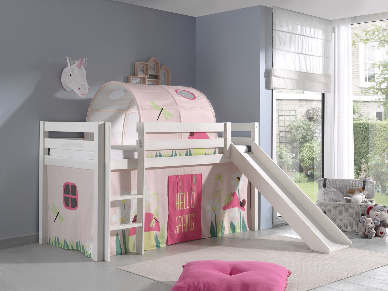 Vipack: PINO Spielbett mit Rutsche 90x200 Vorhang / Tunnel 'Spring' Kiefer Weiß